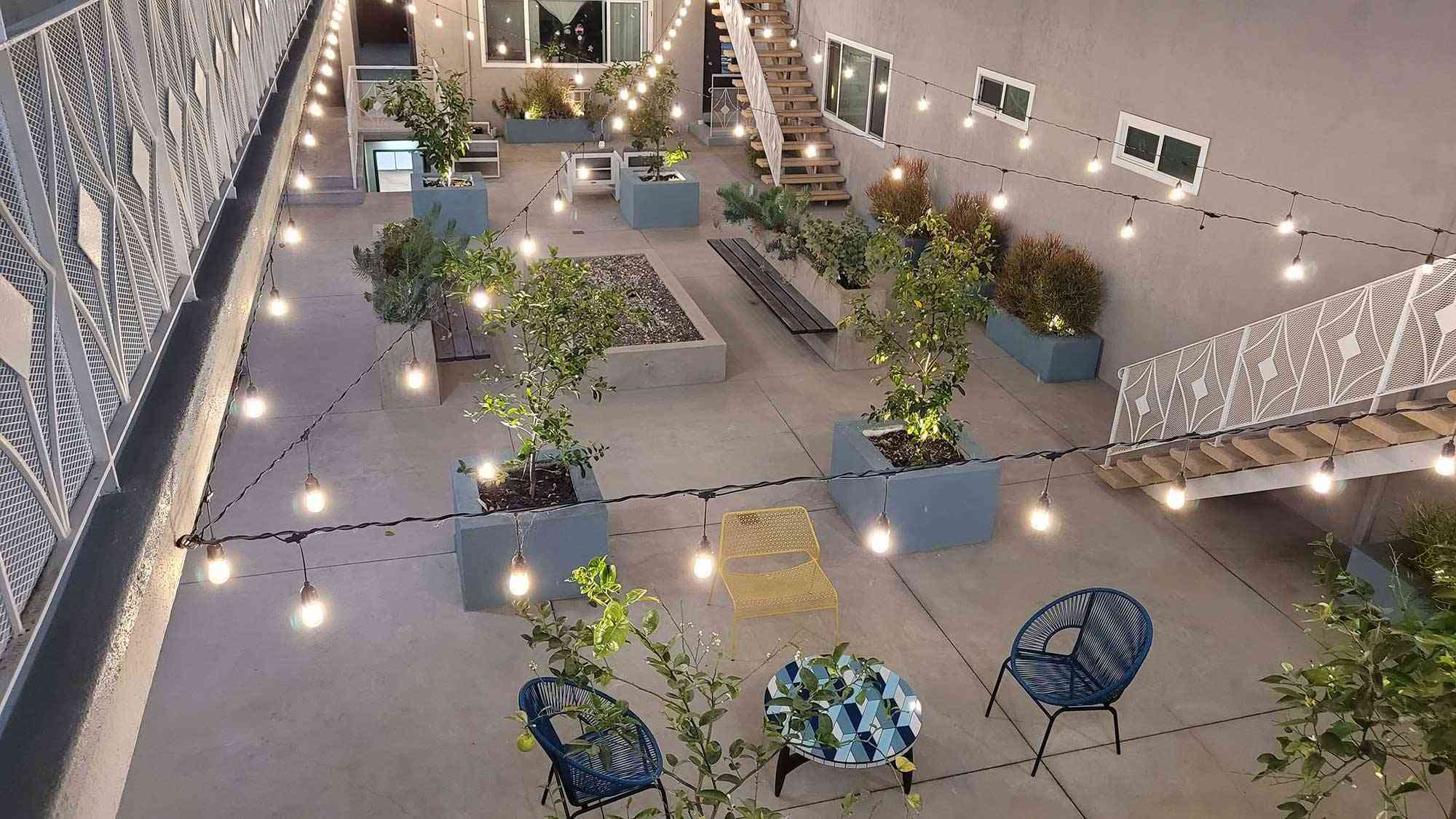 overhead courtyard string lights amenities