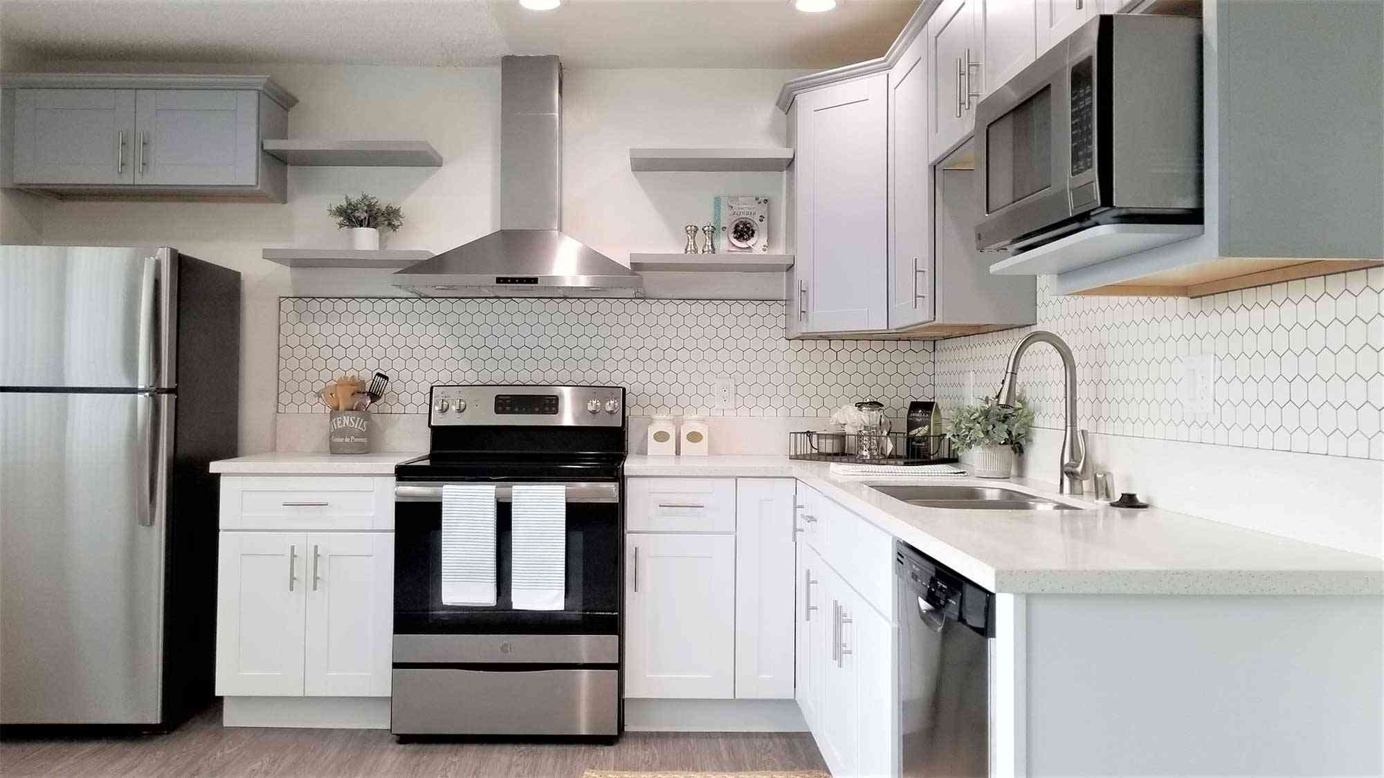 renovated kitchen hexagon tile backsplash