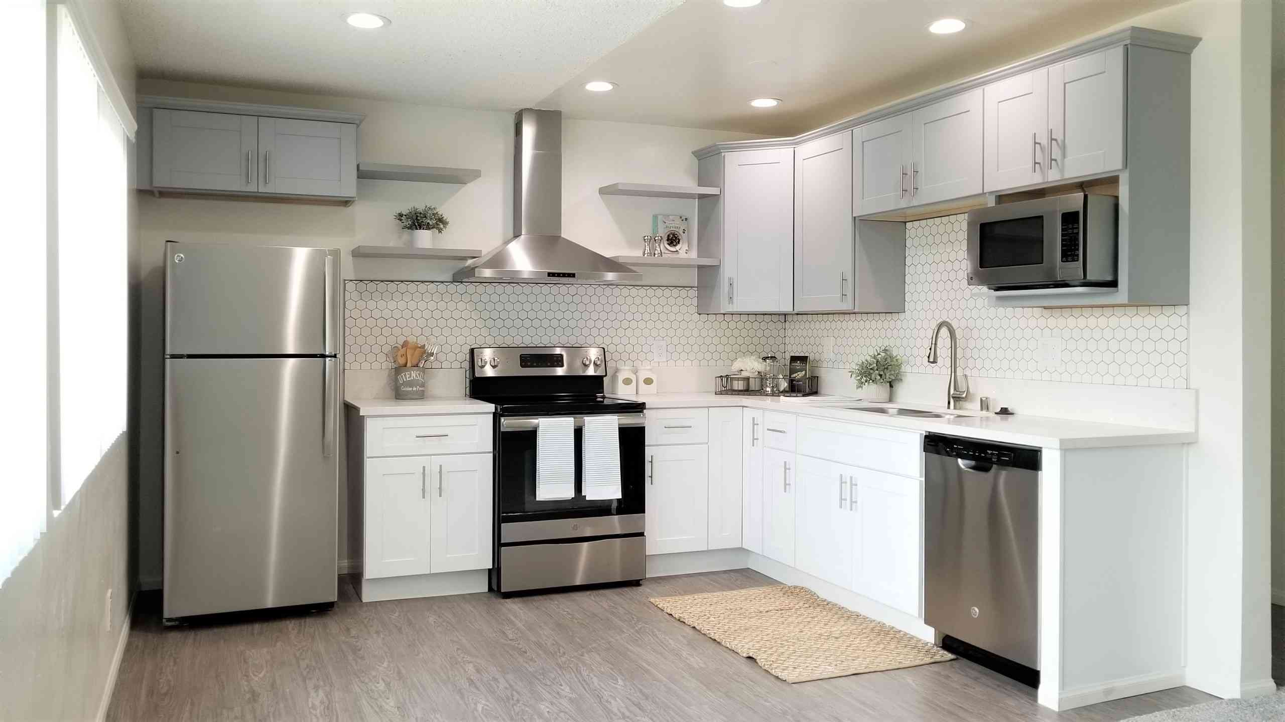 full kitchen view with hardwood style flooring