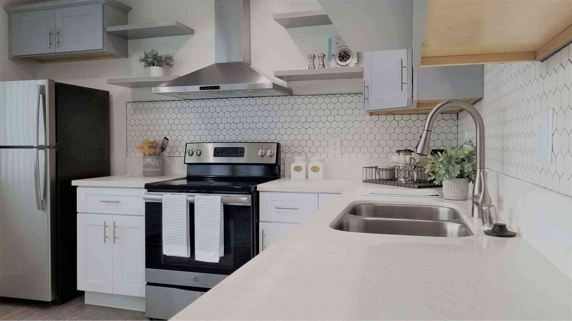 kitchen sink and hexagon backsplash detail