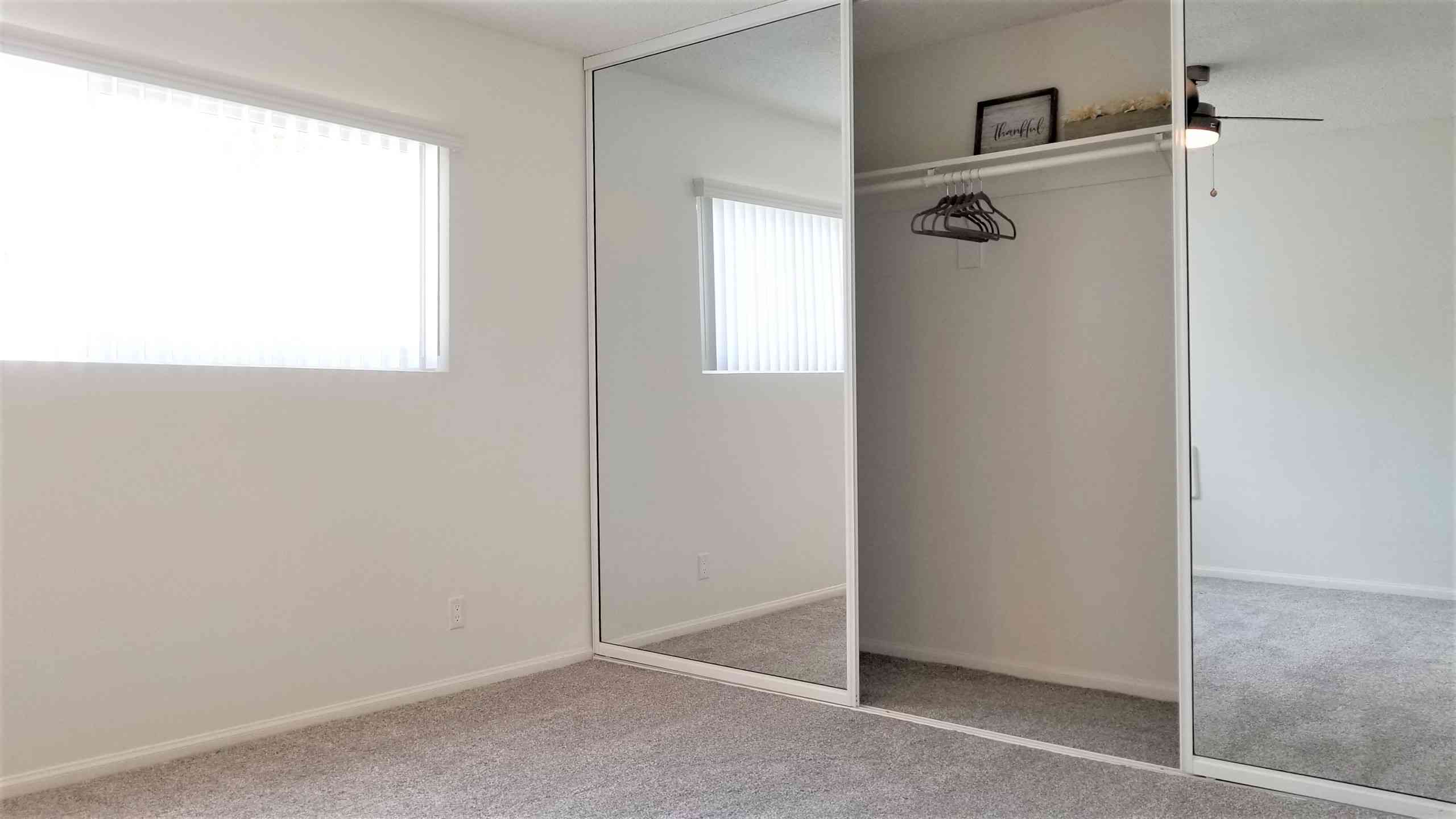 bedroom with mirrored closet and natural light