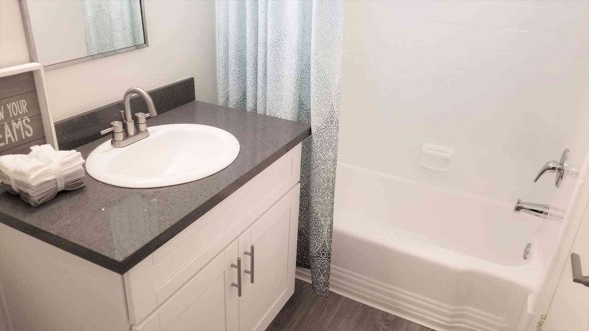 modern bathroom interior with dark quartz vanity